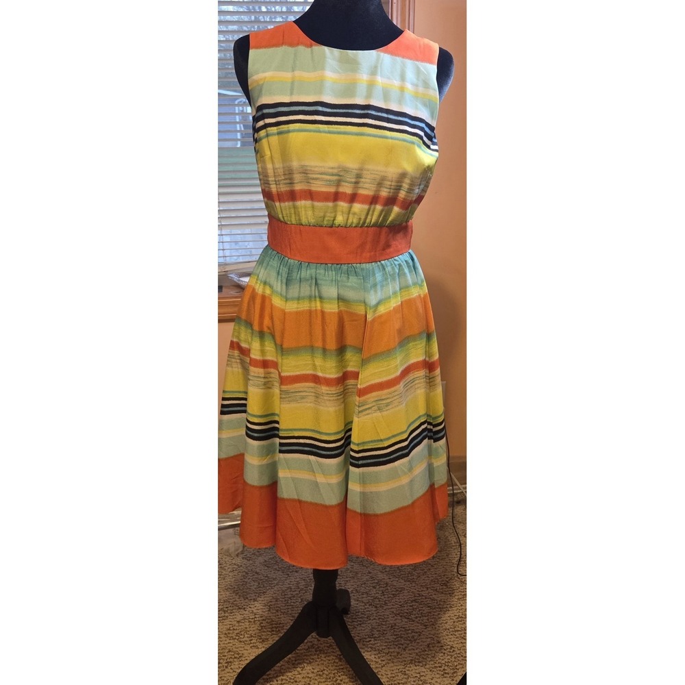 J. TAYLOR ORANGE BLUE YELLOW PASTEL STRIPED SLEEVELESS SUMMER DRESS SIZE 6